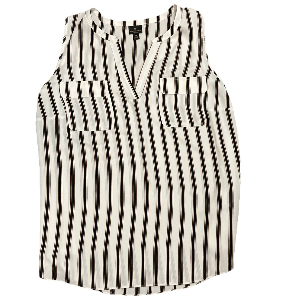 Worthington Woman 1X‎ Sleeveless V-Neck Striped Blouse Black White Brown Pockets